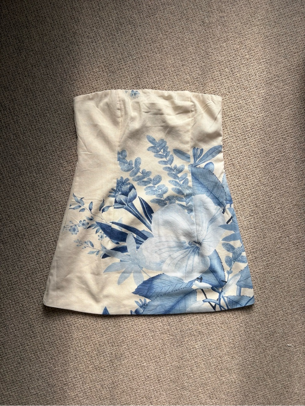 Peppermayo Cream Strapless Mini Dress with Blue Floral Print